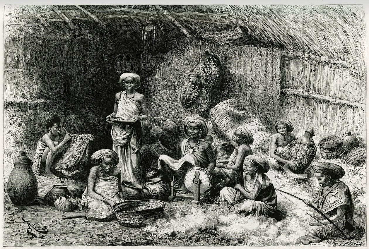 Een middag bij de favoriet van de sjeik van de Gobrons, vrouwenactiviteiten: borduren en wol spinnen, vlechten en pottenbakken. Gravure door Riou, ter illustratie van het verhaal 