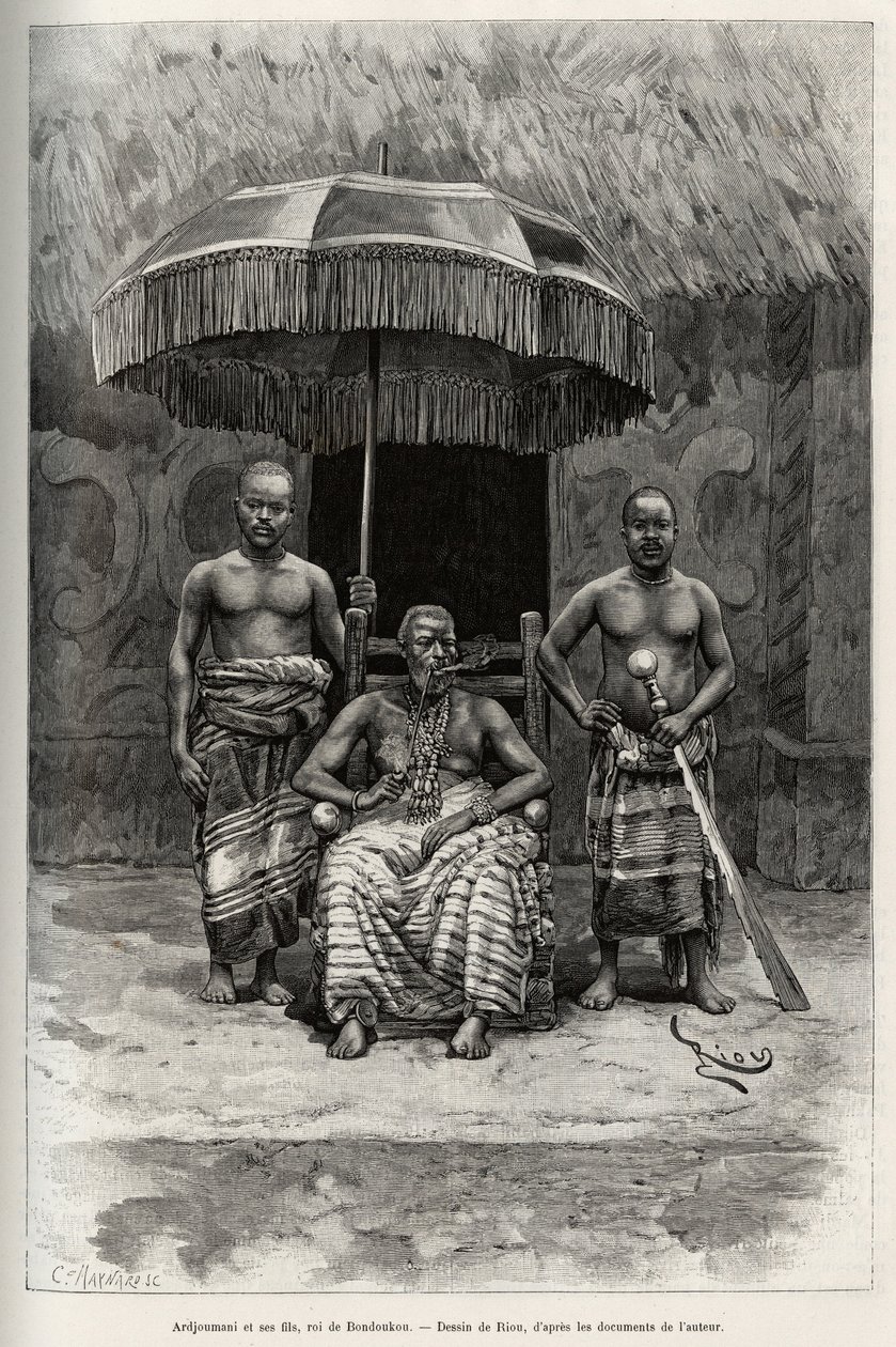 Ardjoumani (overleden 1892) en zijn zonen, koning van Bondoukou (Ivoorkust). Gravure door Riou, ter illustratie van het verhaal 