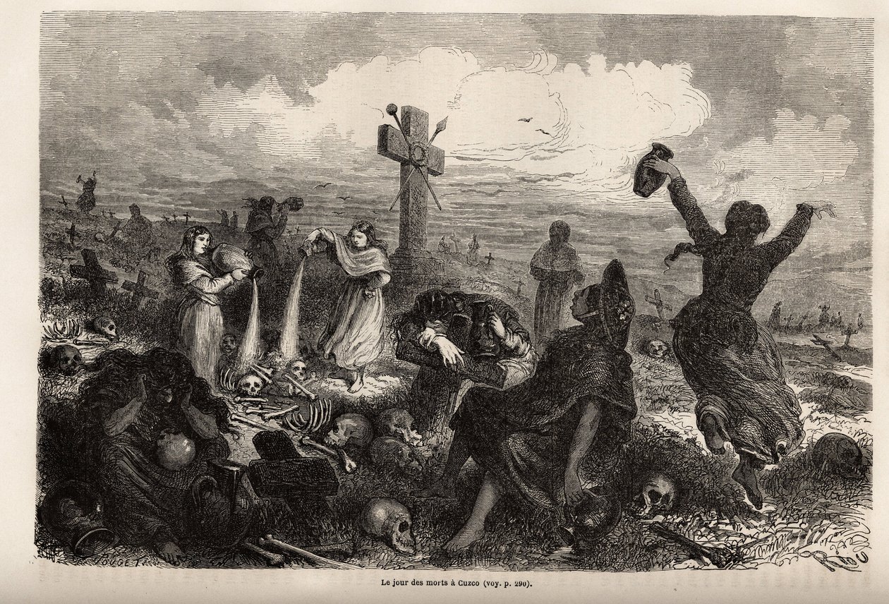 Viering van het feest van de doden in Cuzco, tekening door Riou, ter illustratie van Paul Marcoy