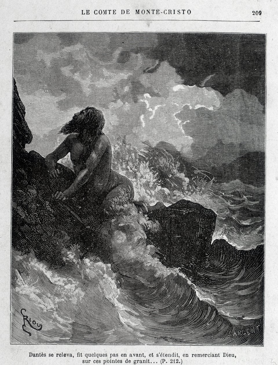 Dantès ontsnapt zwemmend - Gravure door Riou, in 