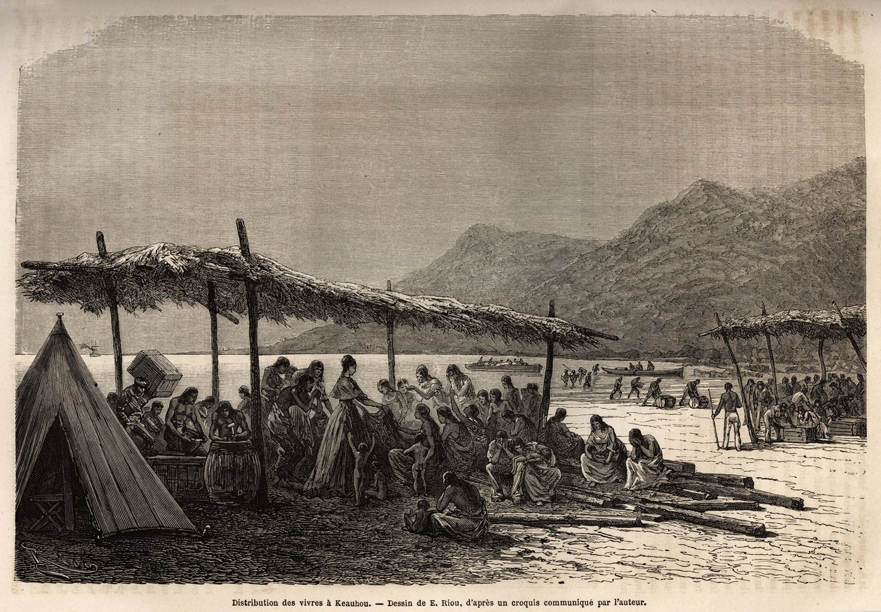 Voedseluitdeling in Keauhou, na de aardbeving en vulkaanuitbarsting van 1868, voor de slachtoffers van de ramp, gravure naar de tekening van E. Riou, ter illustratie van de reis naar de Sandwich-eilanden, in 1855-1869, door C. de Varigny, gepubliceerd in 