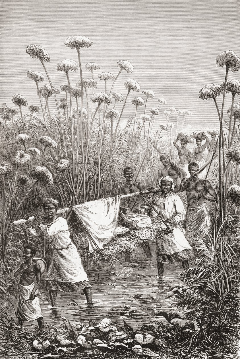 Dr. David Livingstone wordt de laatste paar mijlen naar het dorp Tchitammbo gedragen, Afrika, kort voor zijn dood, illustratie uit "The World in the Hands", gegraveerd door Henri Theophile Hildibrand door Edouard Riou