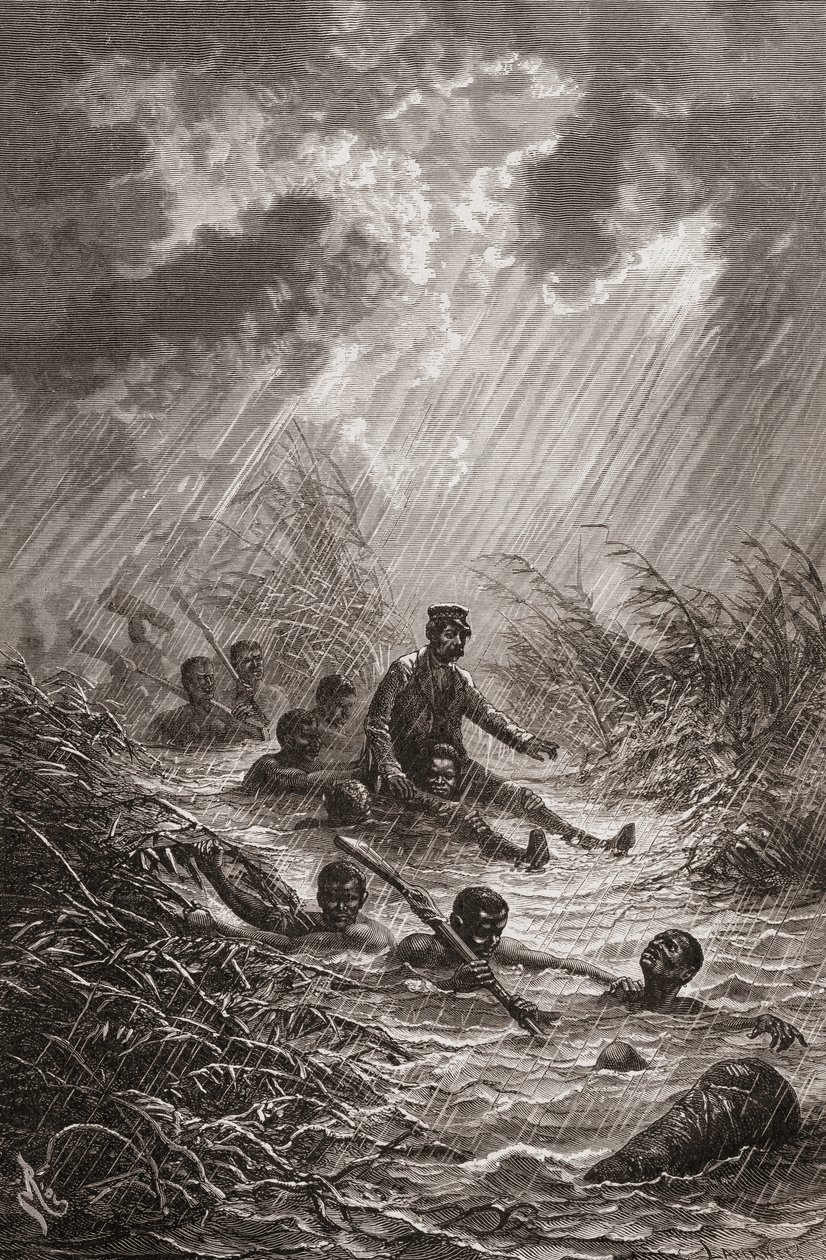 Dr. David Livingstone gedragen door dragers door een moeras tijdens zijn expeditie naar Afrika in 1872, illustratie uit 