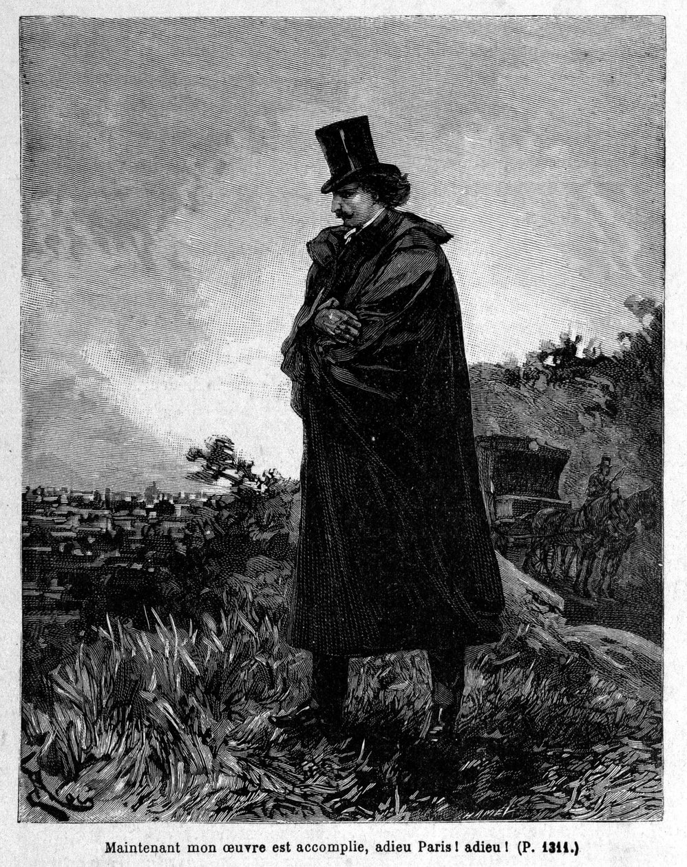 Edmond Dantes, de Graaf van Monte-Cristo verlaat Parijs - Gravure door Riou, in 