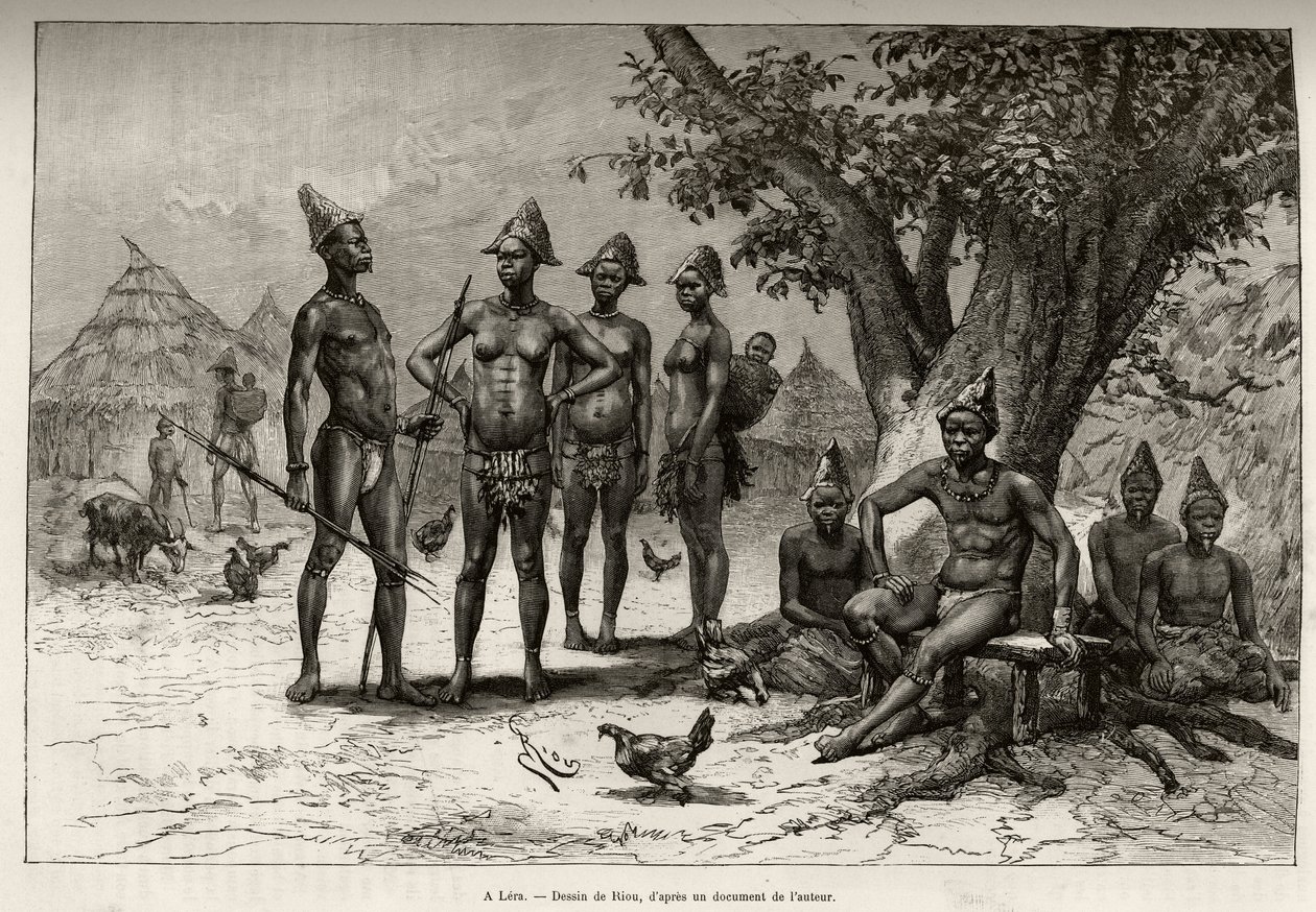 In Lera (of Dera, Niger), typen van Mandes. Gravure door Riou, ter illustratie van het verhaal 
