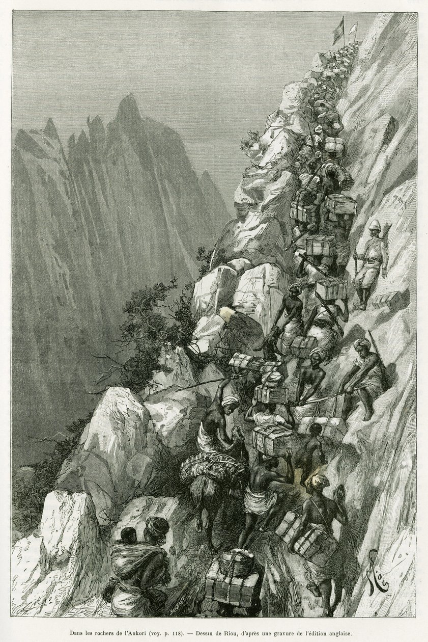 In de rotsen van Ankori. Gravure door Riou, ter illustratie van het verhaal Dans les tenebres de l
