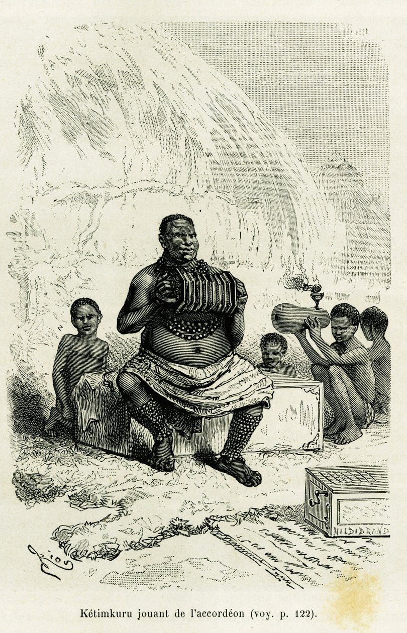 Ketimkuru, stamleider, speelt accordeon. Gravure door Riou ter illustratie van het verhaal 