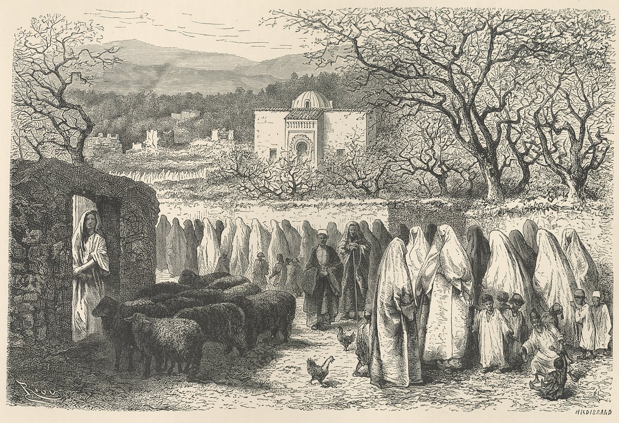 Marabout en processie: Tlemcen, gegraveerd door Henri Theophile Hildibrand (1824-97) door Edouard Riou