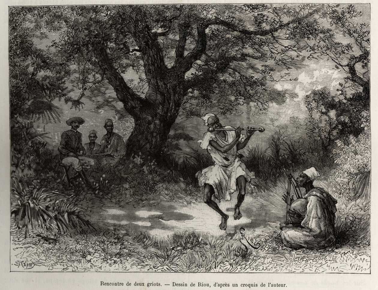 Ontmoet twee griots, Kapitein Binger, zittend in de schaduw, geniet van de show. Gravure door Riou, ter illustratie van het verhaal From Niger to the Gulf of Guinee door Kapitein Louis Gustave Binger (1856-1936), in 1887-1889, in Le tour du monde, nouveau  door Edouard Riou