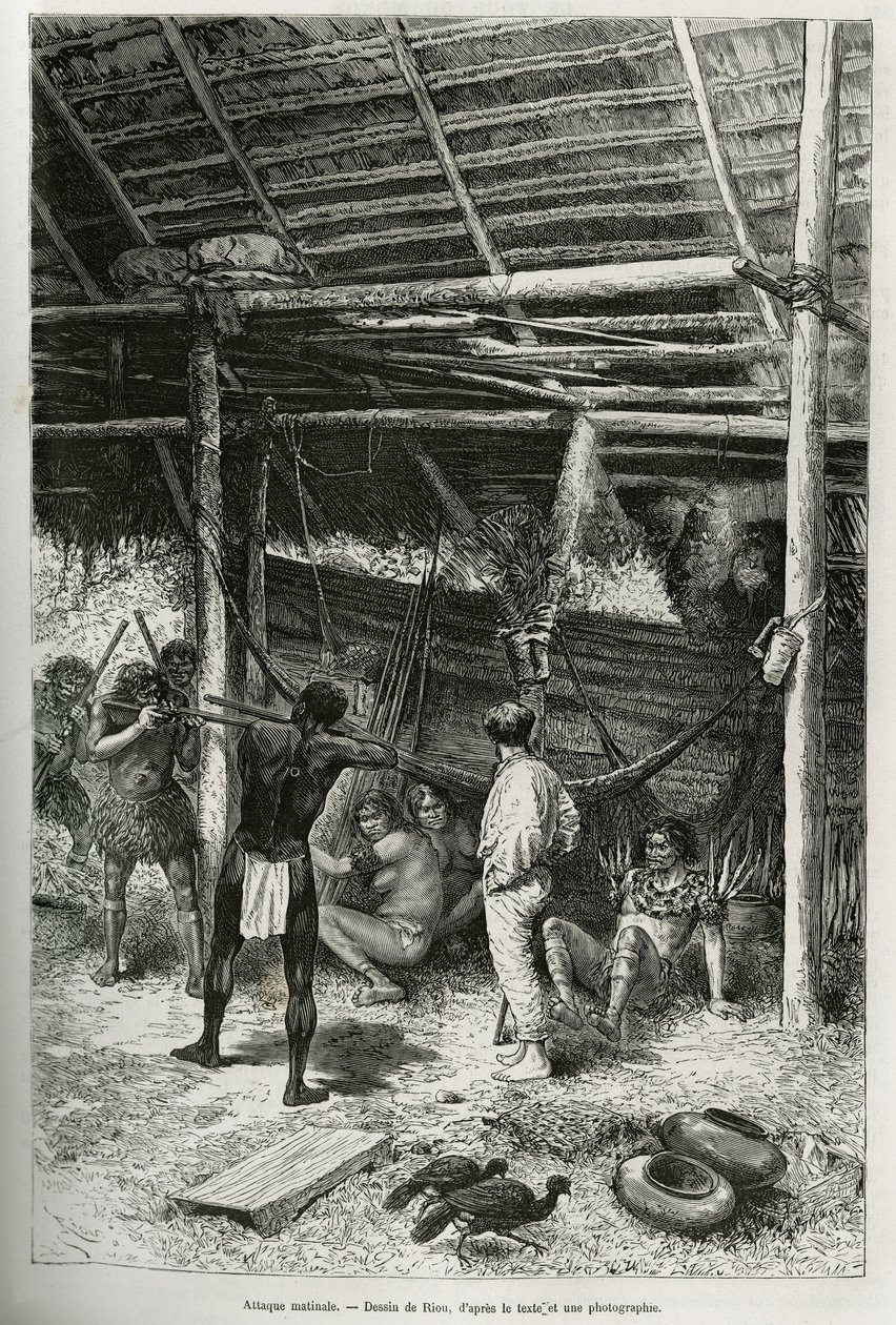 Ochtendaanval op de hut van de ontdekkingsreiziger door Indianen van de oevers van de Amazone. Gravure door Riou, ter illustratie van het verhaal van Cayenne naar de Andes, door Jules Crevaux, arts van de Franse marine, 1878-1879, gepubliceerd in 