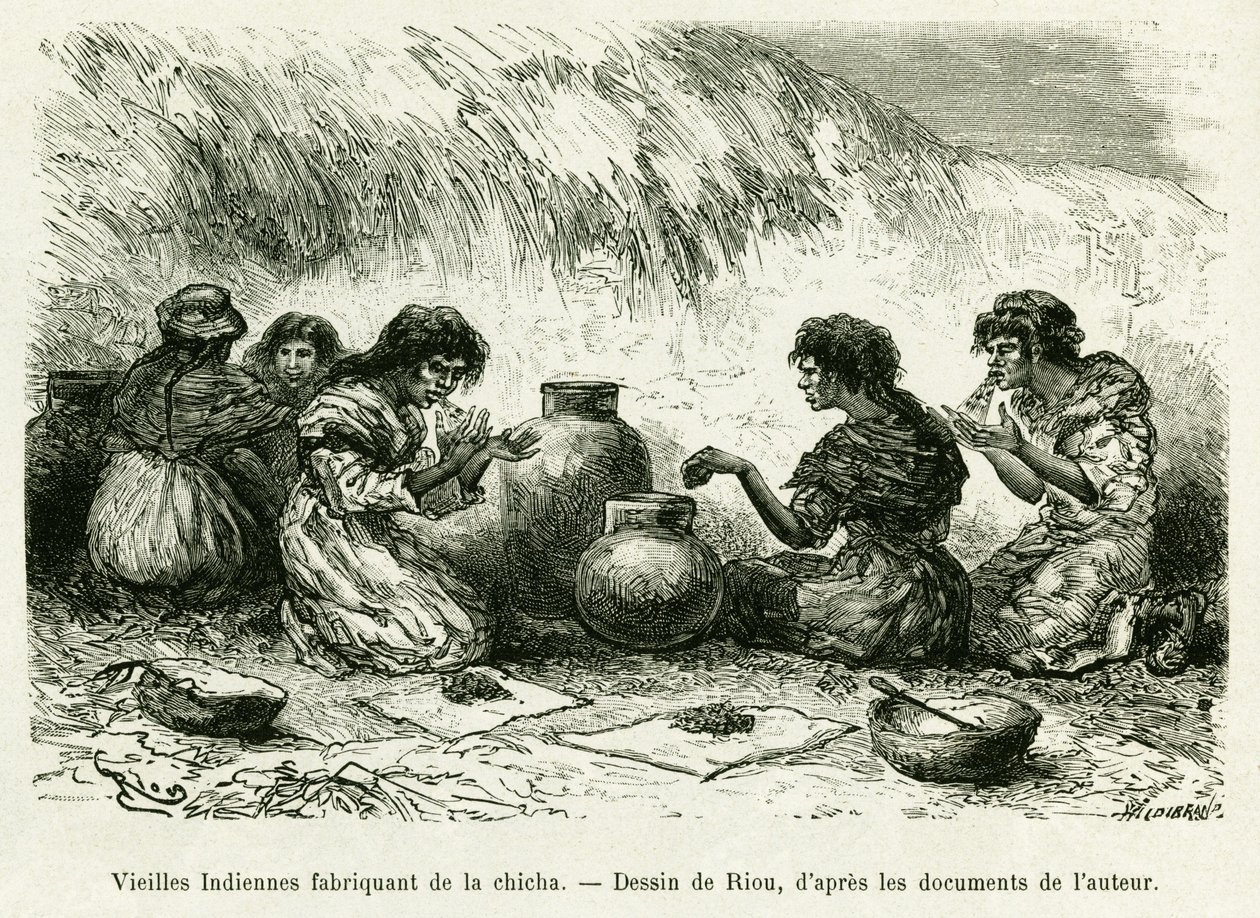 Oude Indiase vrouwen maken shisha. Gravure door Riou, ter illustratie van het verhaal Voyage dans le delta du Pilcomayo et de Buenos Aires a Sucre door Edouard Riou