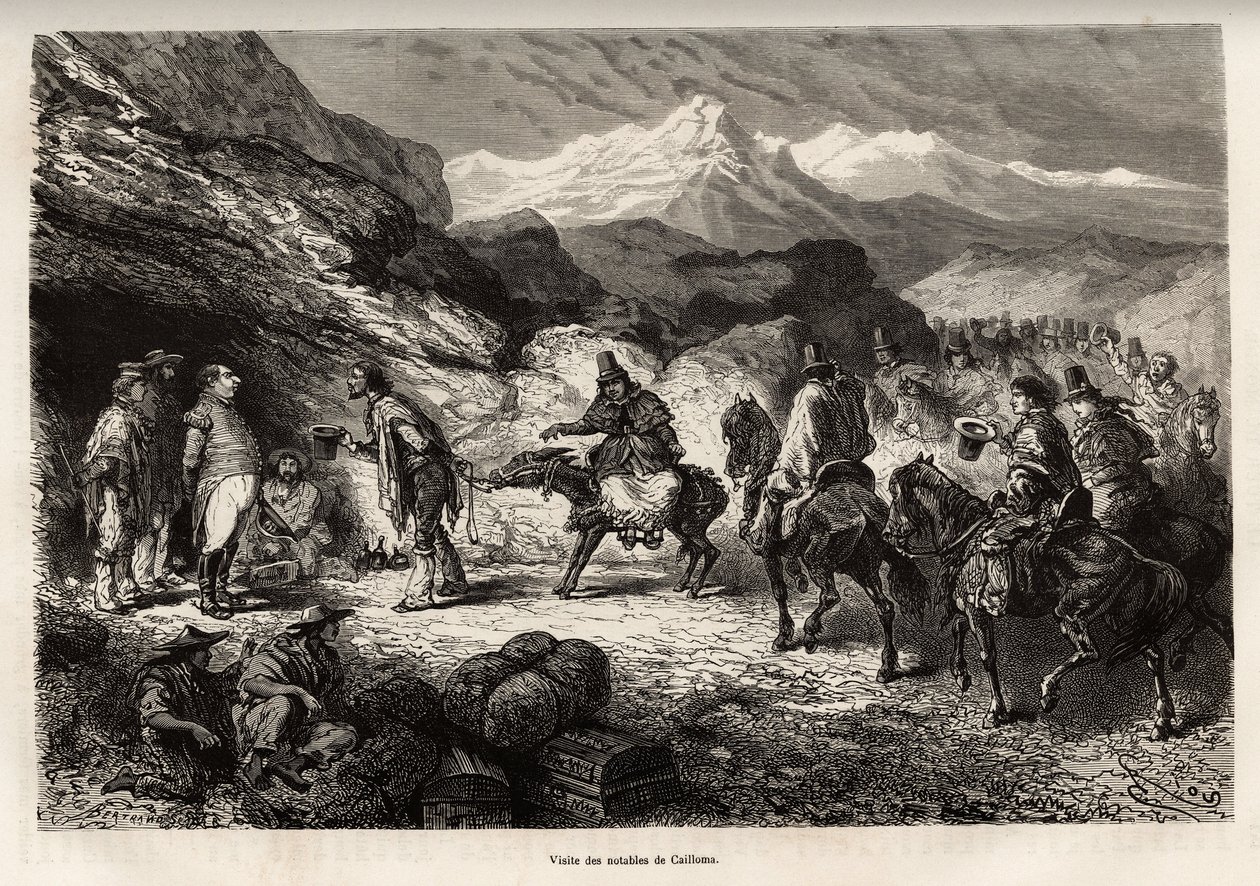 P.Marcoy vindt een vriend, die kolonel van genie en post werd in een grot nabij het meer van Cailloma, samen ontvangen ze het bezoek van de notabelen van de stad, geëtst naar een tekening van E.Riou, ter illustratie van de reis in de bergen, de Huarancalqu door Edouard Riou