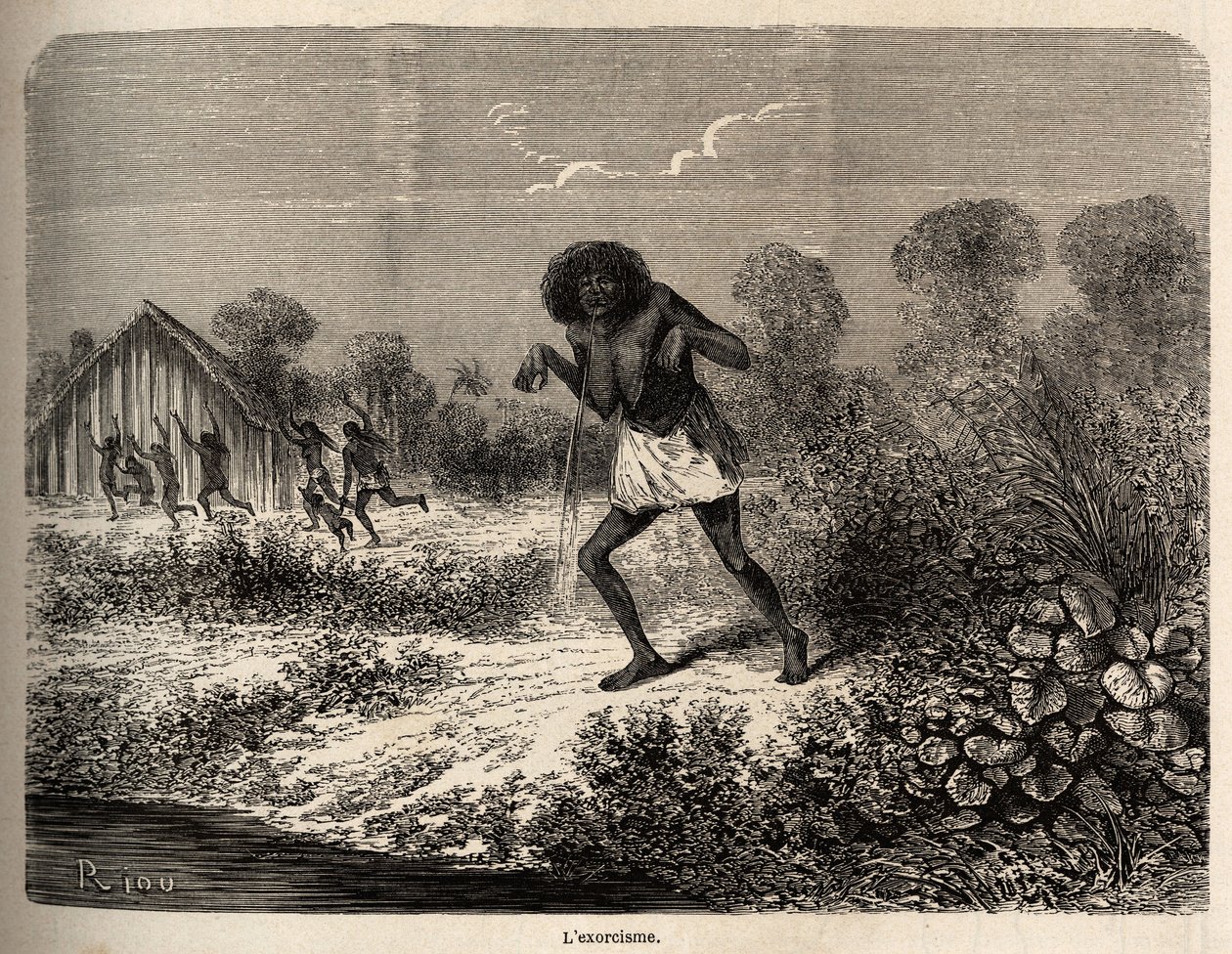 Paniek onder de Conibos-indianen, die vluchtten bij de aankomst van de expeditie van Paul Marcoy nabij Tumbaya (Peru), die zelf het slachtoffer was van een kwade bezwering door een oude indiaan, tekening door Riou om de reis van 1848 tot 1860 van P. Marcoy door Edouard Riou