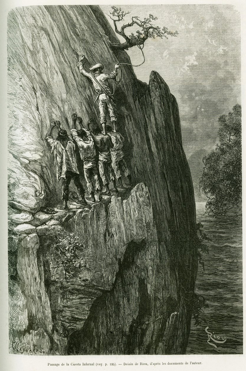 Passage van de Cuesta Infernal. Gravure door Riou, ter illustratie van het verhaal Voyage dans le delta du Pilcomayo et de Buenos Aires a Sucre door Edouard Riou