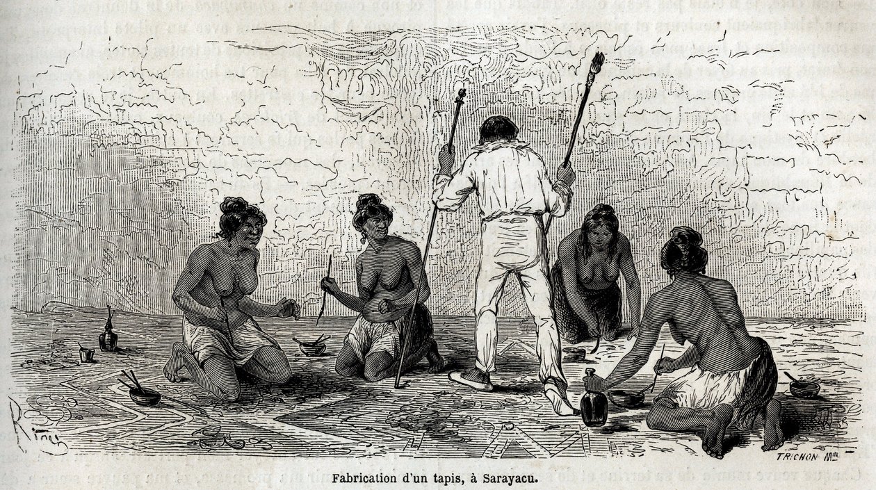 Paul Marcoy leerde een tapijt maken met de weduwen van Sarayacu (Peru) door Edouard Riou