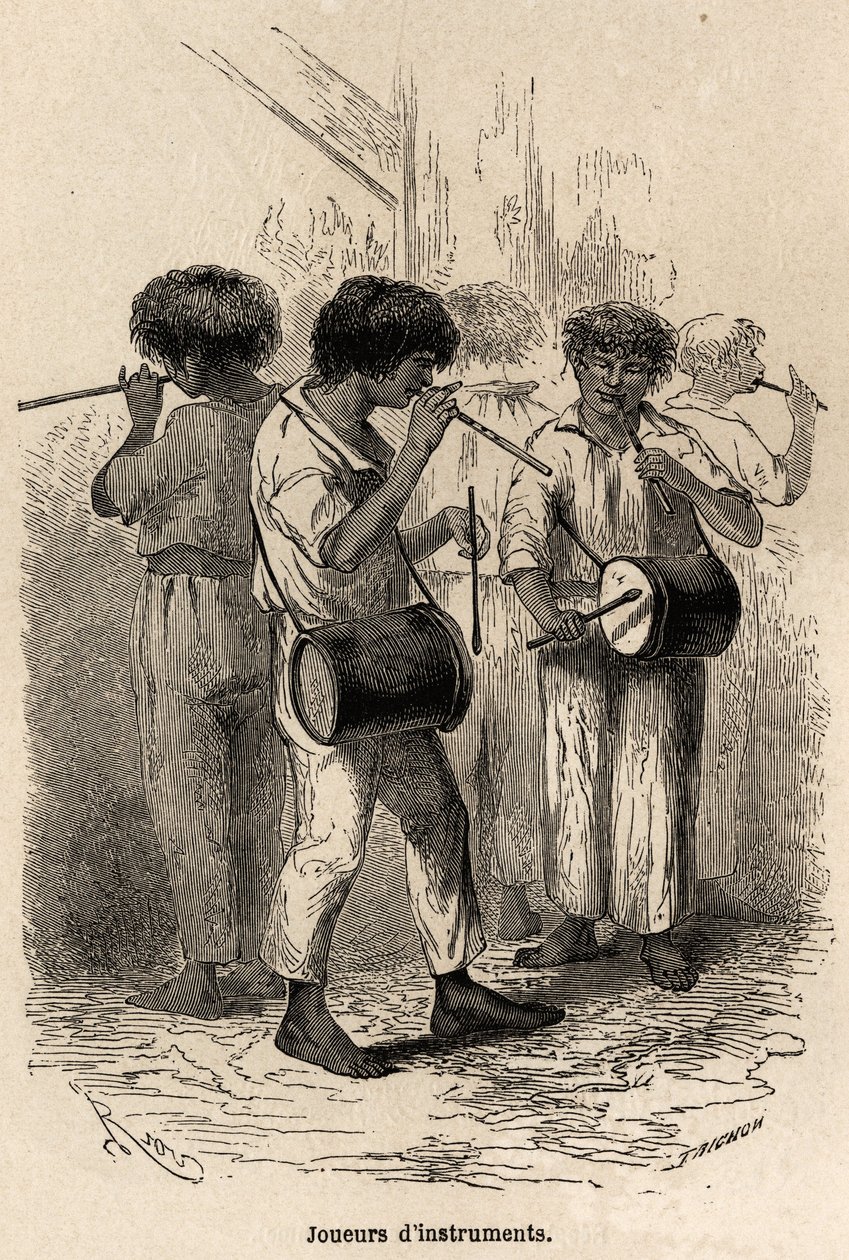 Spelers van muziekinstrumenten in Sarayacu (Peru), tekening door Riou, om de reis van Paul Marcoy van de Stille Oceaan naar de Atlantische Oceaan van 1848 tot 1860 te illustreren. Gravure in 