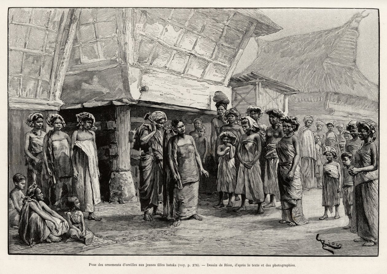 Oorsieraden spelend met Batak meisjes, etnische groep van Noord-Sumatra. Gravure door Riou. door Edouard Riou