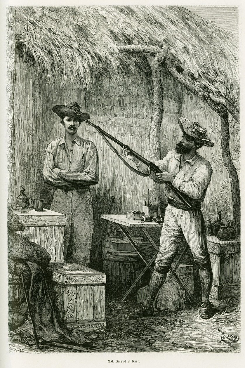 Portret van de auteur Victor Giraud, een scheepsvaandrig en zijn reiziger, Montagu Kerr, een jager. Gravure door Riou, ter illustratie van het verhaal 