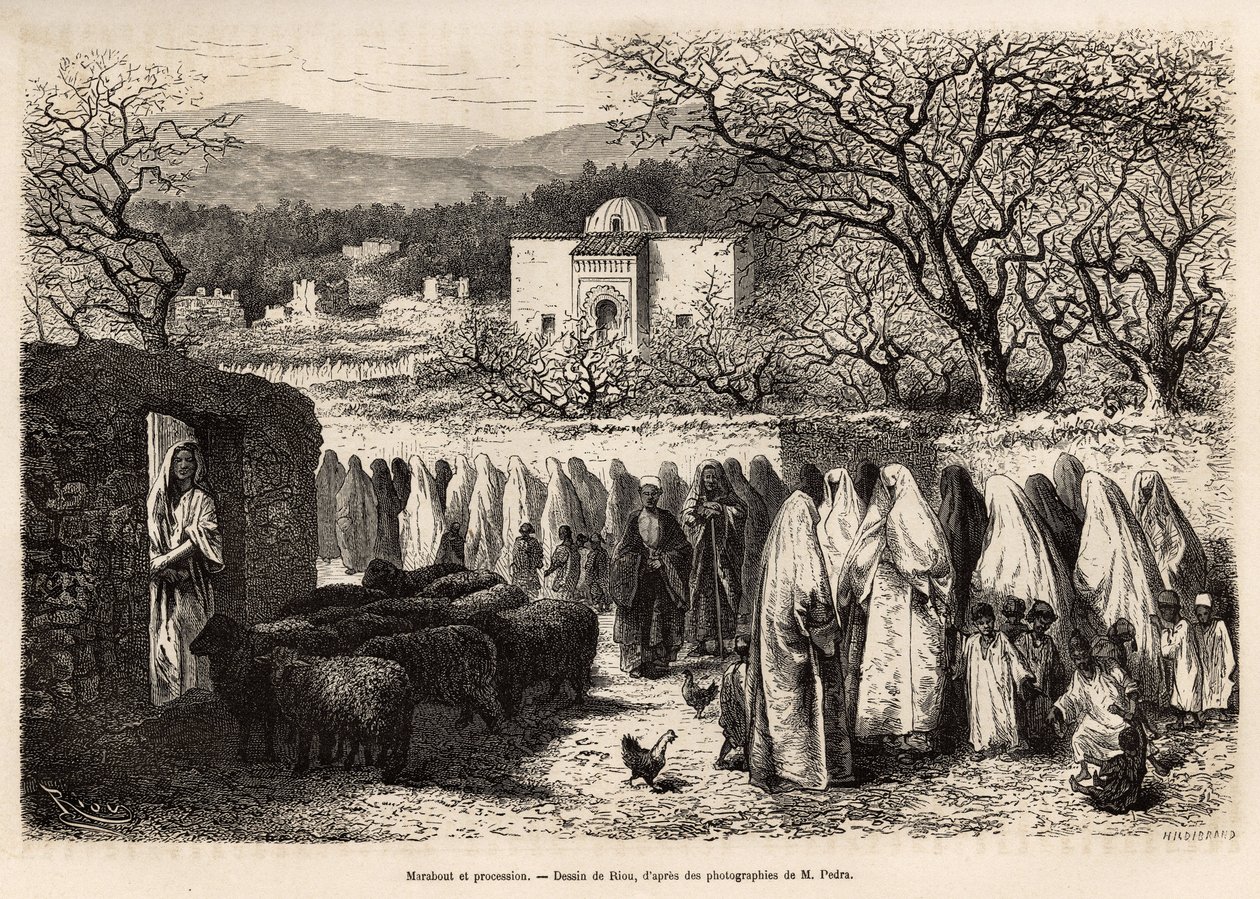 Processie naar de Marabout de Tlemcen (graf met een koepel van een vereerde man van de islam), gegraveerd naar een tekening van E. Riou, ter illustratie van de reis naar Tlemcen (Algerije), door E. de Lorral, in 1875, gepubliceerd in 