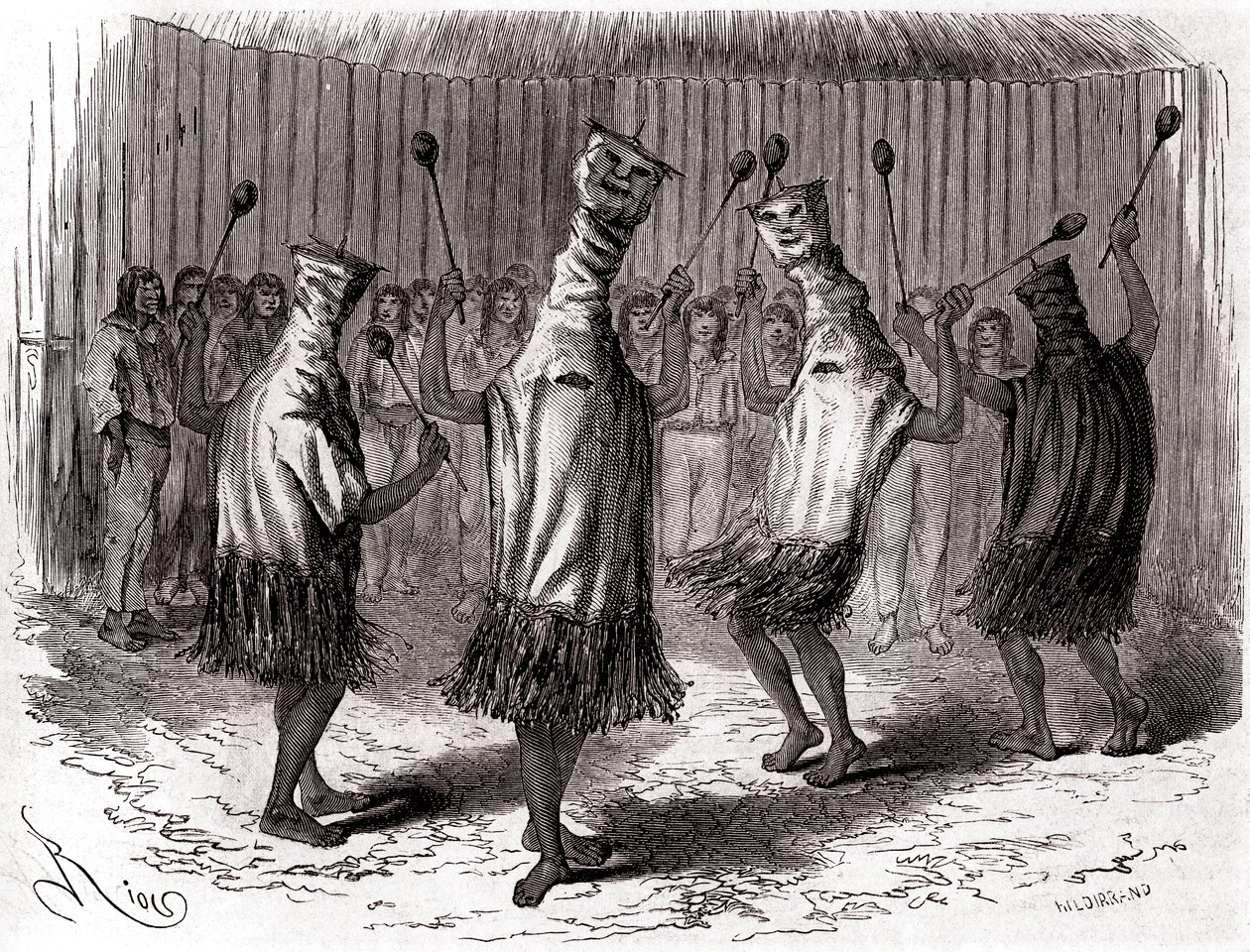 Rituele dans van de Ticuna-indianen van Peru met vermommingen en maskers door Edouard Riou