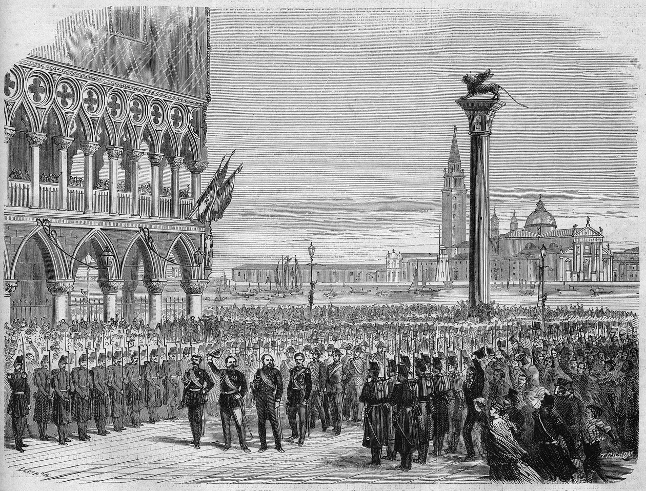 De koning van Italië Victor Emmanuel II (Victor Emmanuel) (Vittorio Emanuele) in Venetië op het San Marcoplein. Na de nederlaag van de Oostenrijkers bij Sadowa werd Venetië in 1866 heroverd op het Koninkrijk Italië. Gravure naar een tekening van Crepon en  door Edouard Riou