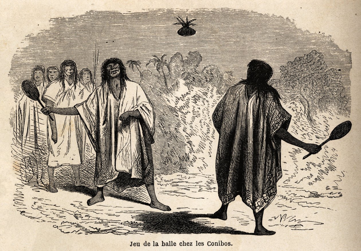 Het balspel, onder de Indiase conibos van Peru. Gravure in Le tour du monde, bewerkt door Edouard Charton. door Edouard Riou