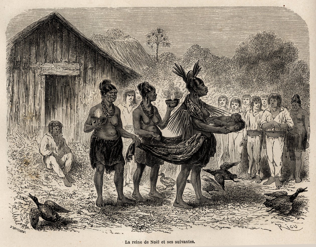 De viering van het kerstfeest in Sarayacu (Peru), de kerstkoningin draagt het kindje Jezus in een mand, en vergezeld door twee volgelingen, presenteert ze het kind aan alle huizen van het dorp, tekening door Riou, ter illustratie van Paul Marcoy
