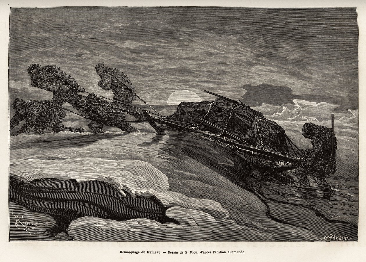 De bemanning van het schip La Germania, afgedaald op het ijs voor een jachtpartij, sleept hun slee over het ijs, terwijl de zon ondergaat, gravure naar de tekening van E.Riou, ter illustratie van een reis naar de Noordpool in 1869-1870 door de kapitein van door Edouard Riou