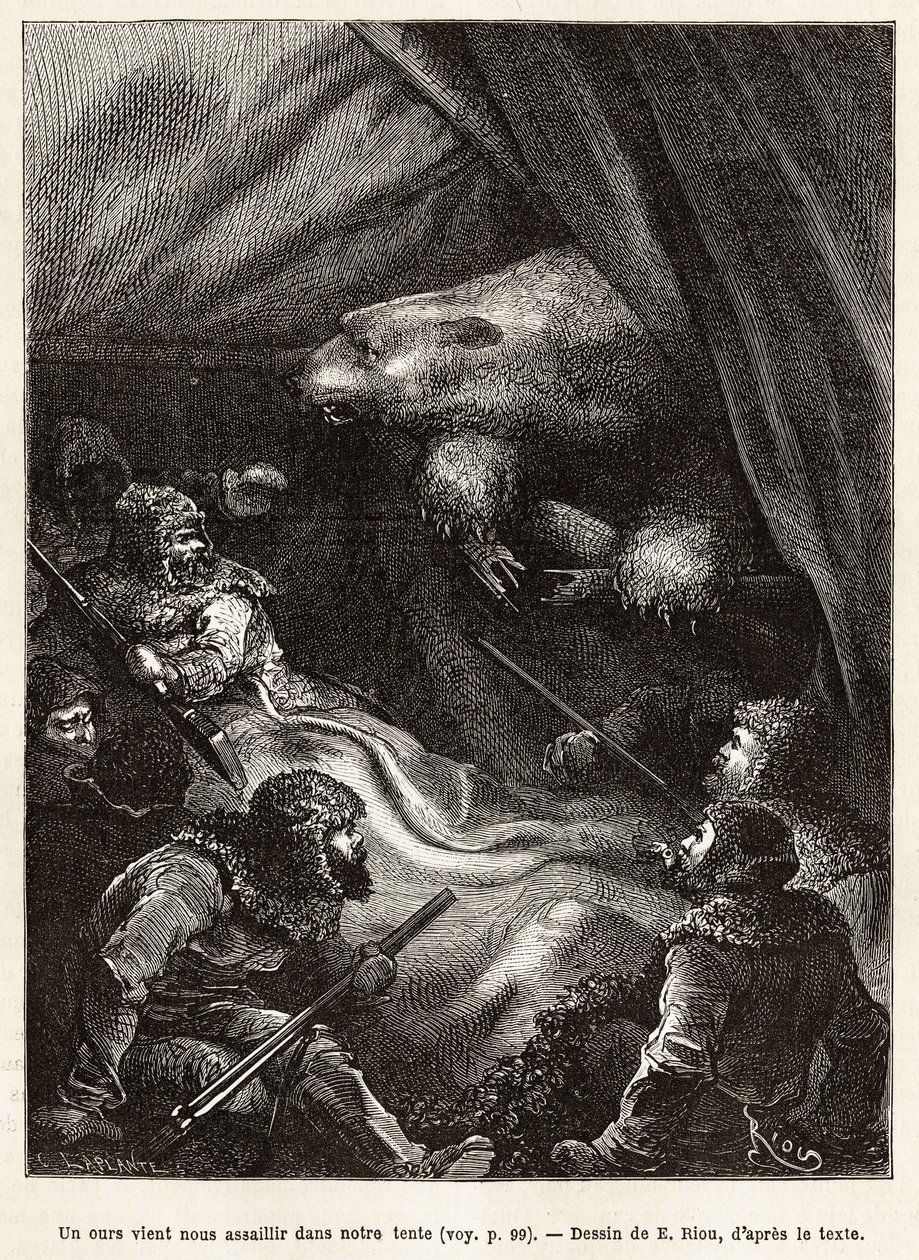 De bemanning van het schip La Germania, neergedaald op het ijs voor een jachtpartij, zette een tent op om te bivakkeren, die werd bezocht door een ijsbeer terwijl de mannen bang waren om te gaan liggen, gravure naar de tekening van E. Riou, ter illustratie door Edouard Riou