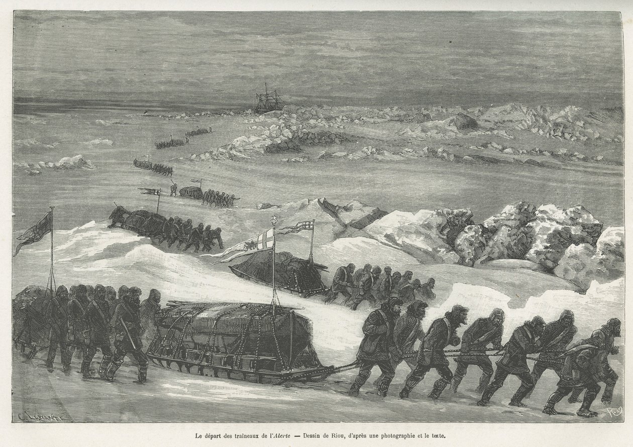 Het vertrek van de Alert-sleden, schip van de poolexpeditie, tekening door Riou, ter illustratie van het verhaal van een reis naar de poolzee in 1875-1876, door kapitein G.S. Nares. Gravure in Le tour du monde. door Edouard Riou