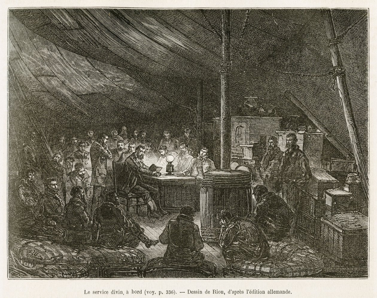 De goddelijke dienst aan boord, elke zondag om twaalf uur, verzamelt de bemanning zich onder een tent op het dek, een eenvoudige lezing van het evangelie door de kapitein van het schip dient als viering. Gravure naar de tekening van Riou, ter illustratie v door Edouard Riou