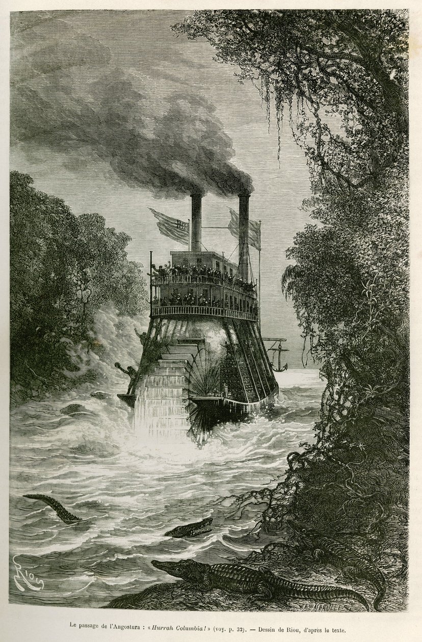 De passage van de Angostura (Colombia), door de stoomboot van de expeditie, tekening door E.Riou, ter illustratie van de reis naar equinoxiaal Amerika (Colombia, Ecuador, Peru), 1875-1876, door Edouard Andre (1833-1894), reiziger belast met een missie door door Edouard Riou
