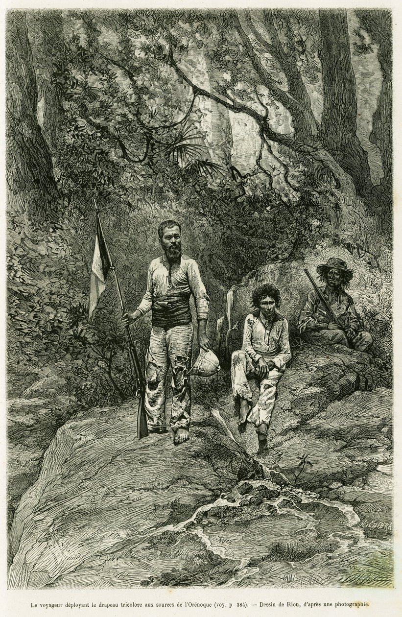 De reiziger die de driekleurige vlag ontplooit bij de bronnen van de Orinoco. Gravure door Riou, ter illustratie van het verhaal 