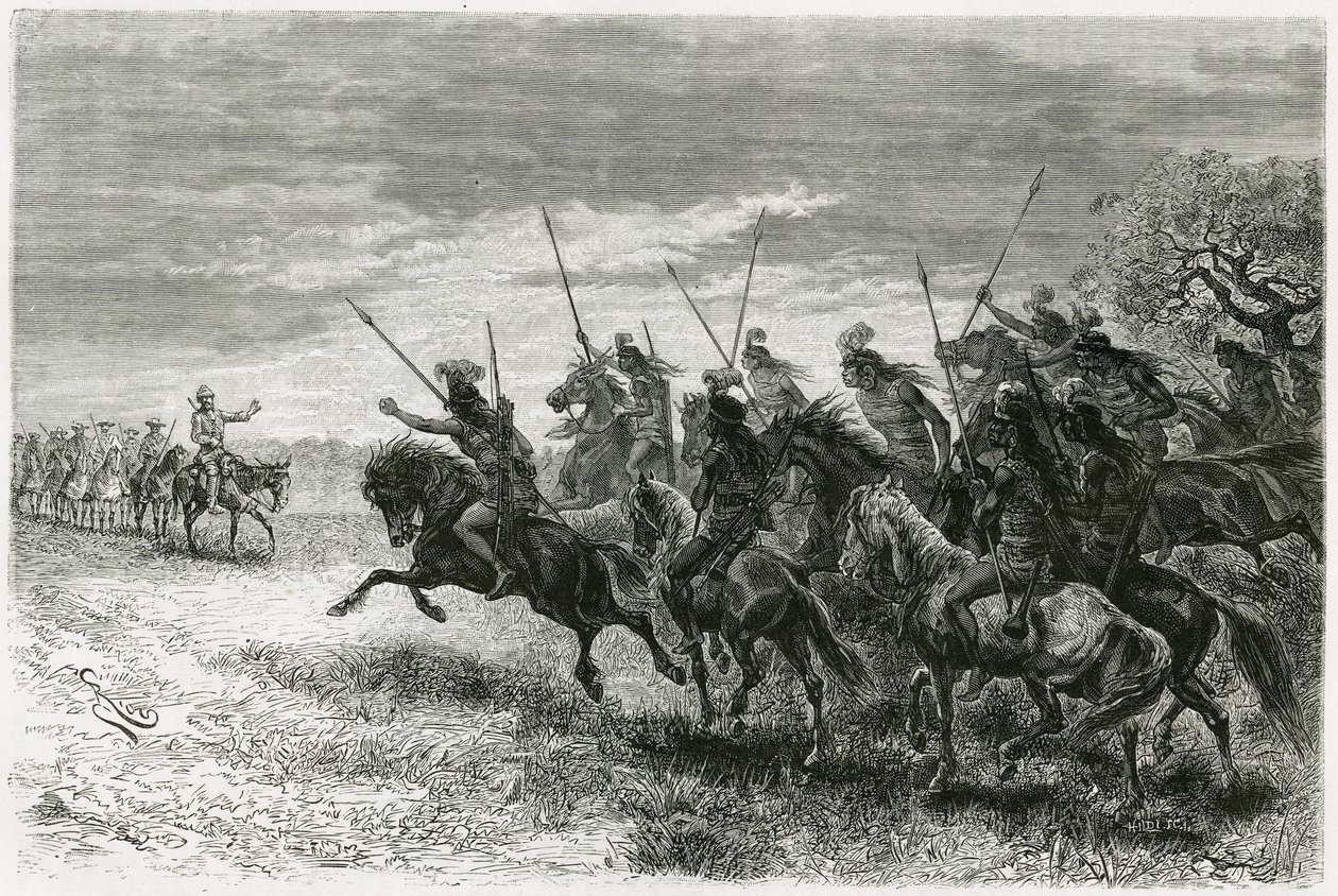 Tobas-indianen (uit de Chaco-regio, tussen Paraguay en Bolivia) weigeren over te gaan naar de colonne van de Thouar-expeditie. Gravure door Riou, ter illustratie van het verhaal 