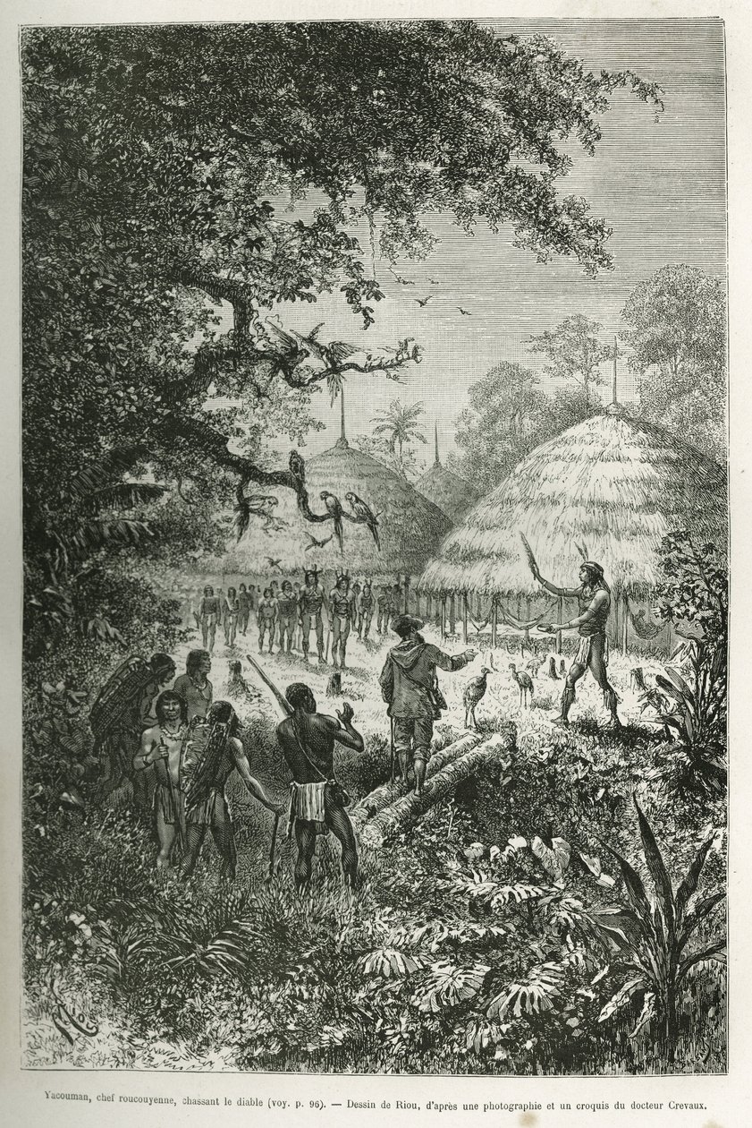 Yacouman, Roucouyenne hoofd, stam van Guyana aan de oevers van de Oyapock, die de duivel verjaagt, hij loopt door het dorp na de geboorte van een kind, besprenkelt een melkachtige witte vloeistof met een verenborstel, gravure naar een tekening van Riou, il door Edouard Riou