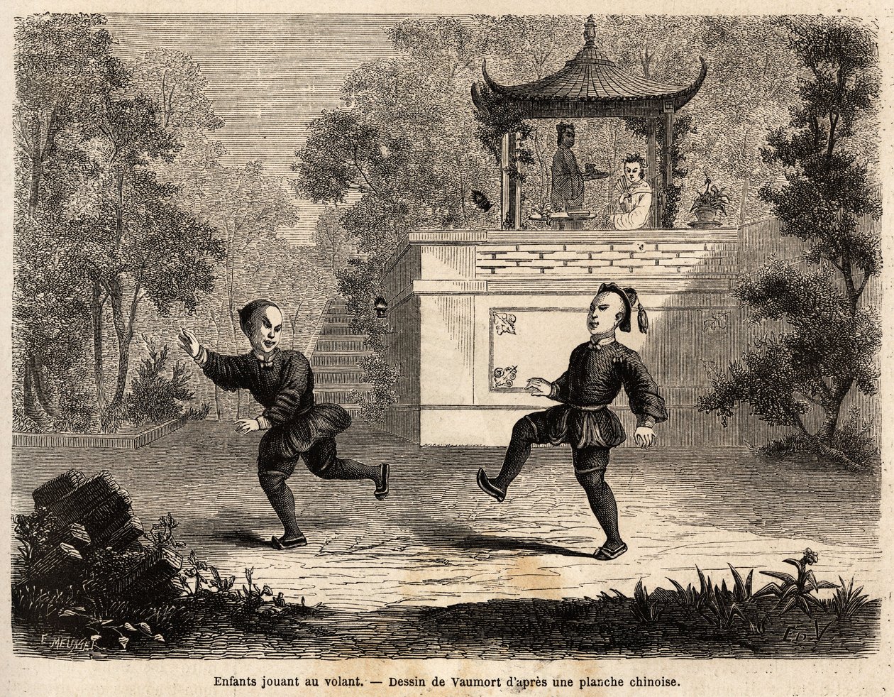 Chinese kinderen spelen met het wiel onder toezicht van hun moeder. Illustratie van de reis van Shanghai naar Moskou van 1859 tot 1862 van M. de Bourboulon, Frans minister in China door Edouard Vaumort