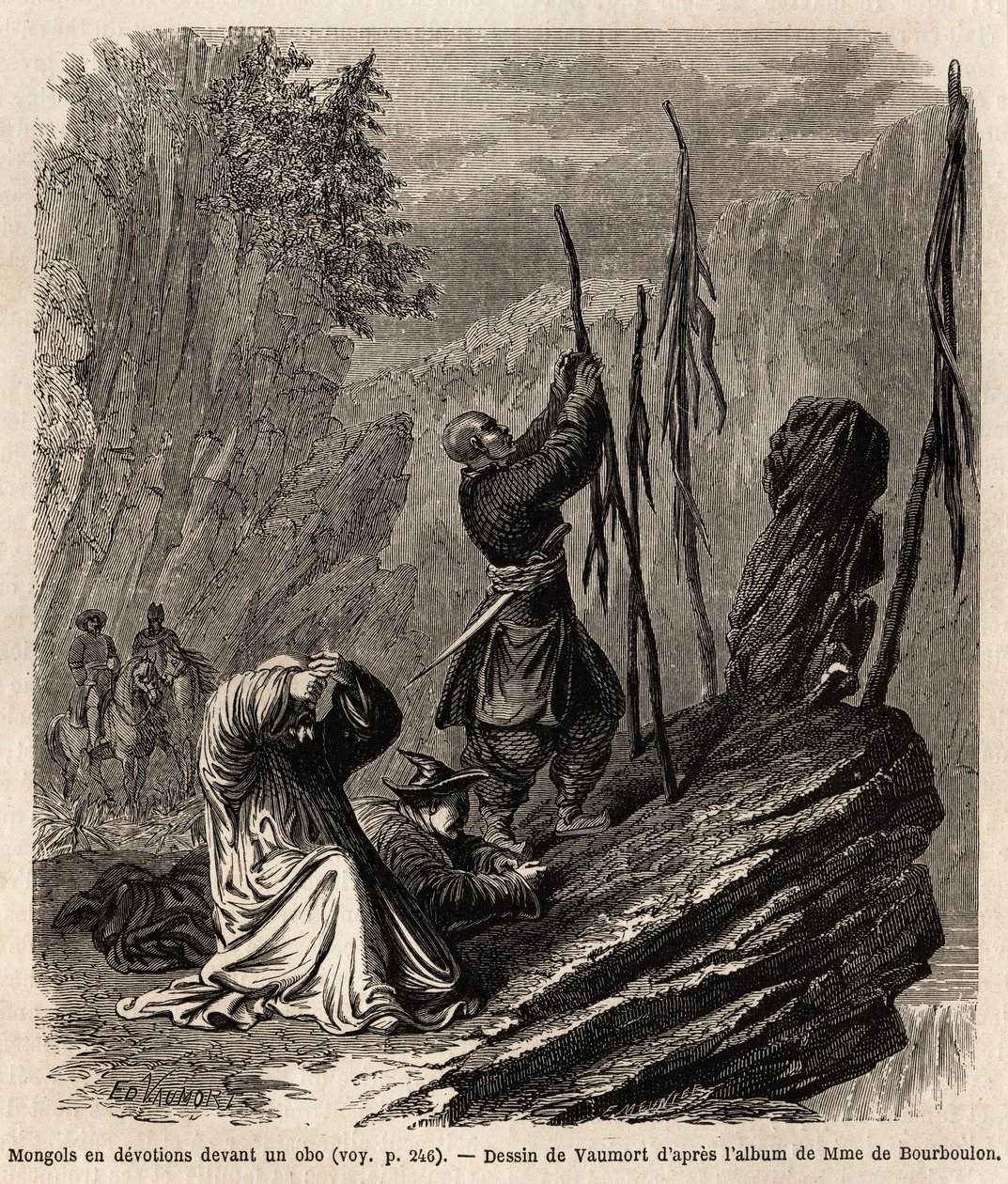 Mongolen in devotie voor een obo, nabij de Bakka en Mongolië bergen, tekening door Vaumort (? -1886) ter illustratie van de reis van Shanghai naar Moskou, van 1859 tot 1862, van M. de Bourboulon, Franse minister in China. Gravure in 