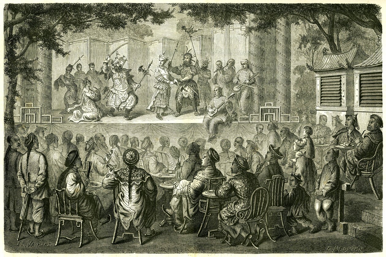 Zicht op een voorstelling van de Opera van Peking (Beijing), China, naar het reisverhaal van Madame de Bourboulon. Gravure naar een tekening van Vaumort, in 