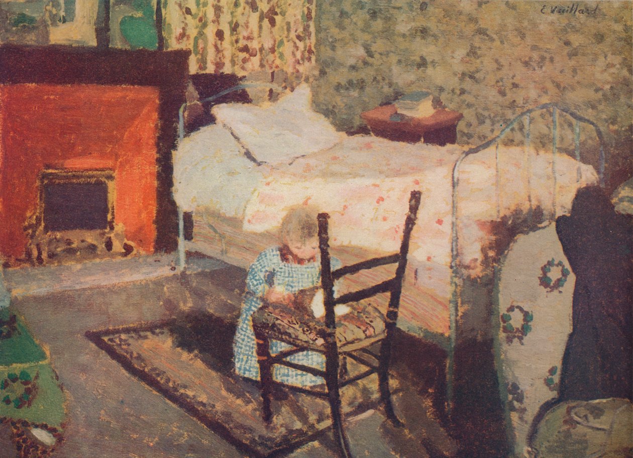 Kind aan het spelen: Annette Roussel voor een houten stoel, ca. 1900 door Edouard Vuillard