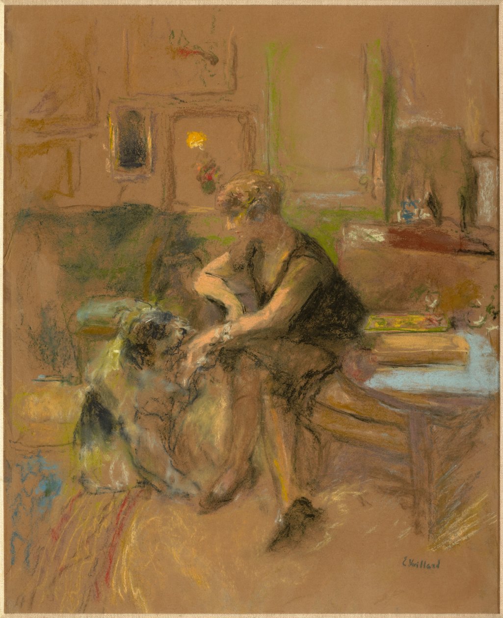 Gabrielle Jonas speelt met een hond door Edouard Vuillard