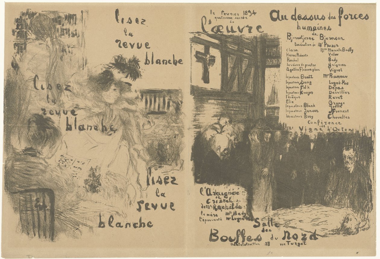 Omslag programmaboekje met advertentie voor La Revue Blanche en aankondiging van toneelstuk Au-dessus des forces humaines door Edouard Vuillard