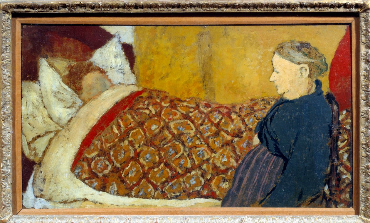 Het slaapliedje Een grootmoeder zingt een slaapliedje of vertelt een verhaal aan een kind om te slapen. Karton marouflé op houten paneel door Édouard Vuillard door Edouard Vuillard