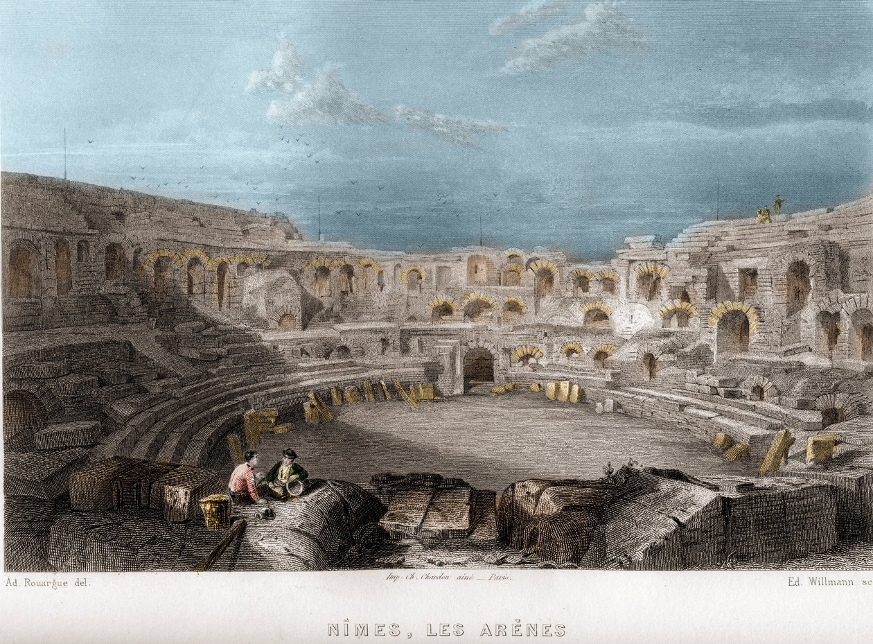 Les arenes de Nimes, Gard, Languedoc-Roussillon, Frankrijk. Gravure door Willmann in 