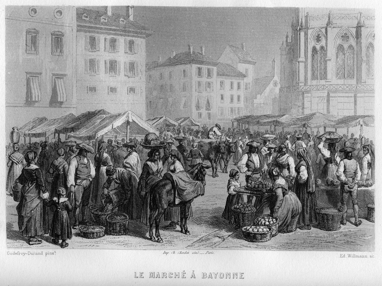 Markt in Bayonne, Pyrénées-Atlantiques, Aquitaine, Frankrijk. Gravure door Willmann in 