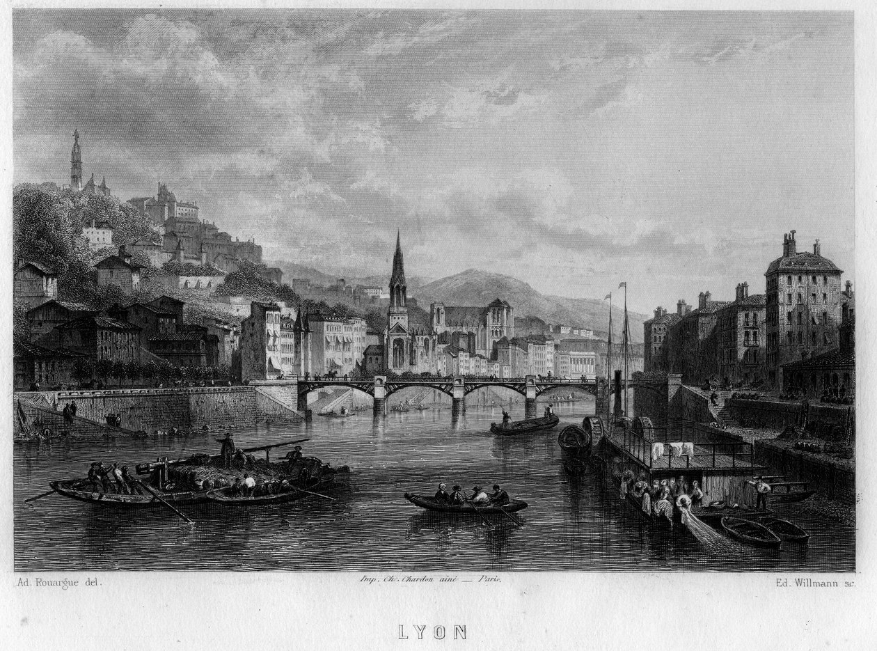 Uitzicht op de stad Lyon, departement Rhone, regio Rhone-Alpes, Frankrijk. Gravure door Willmann in 