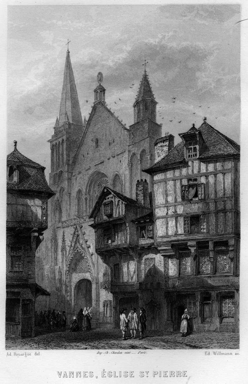 Uitzicht op de stad Vannes en de Kerk van Saint Pierre, Morbihan, Bretagne, Frankrijk. Gravure door Willmann in 