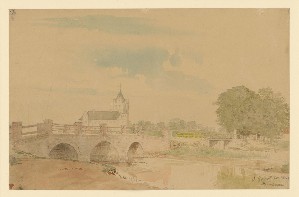 Gezicht op de kerk en bruggen van Stavenhagen door Eduard Gaertner