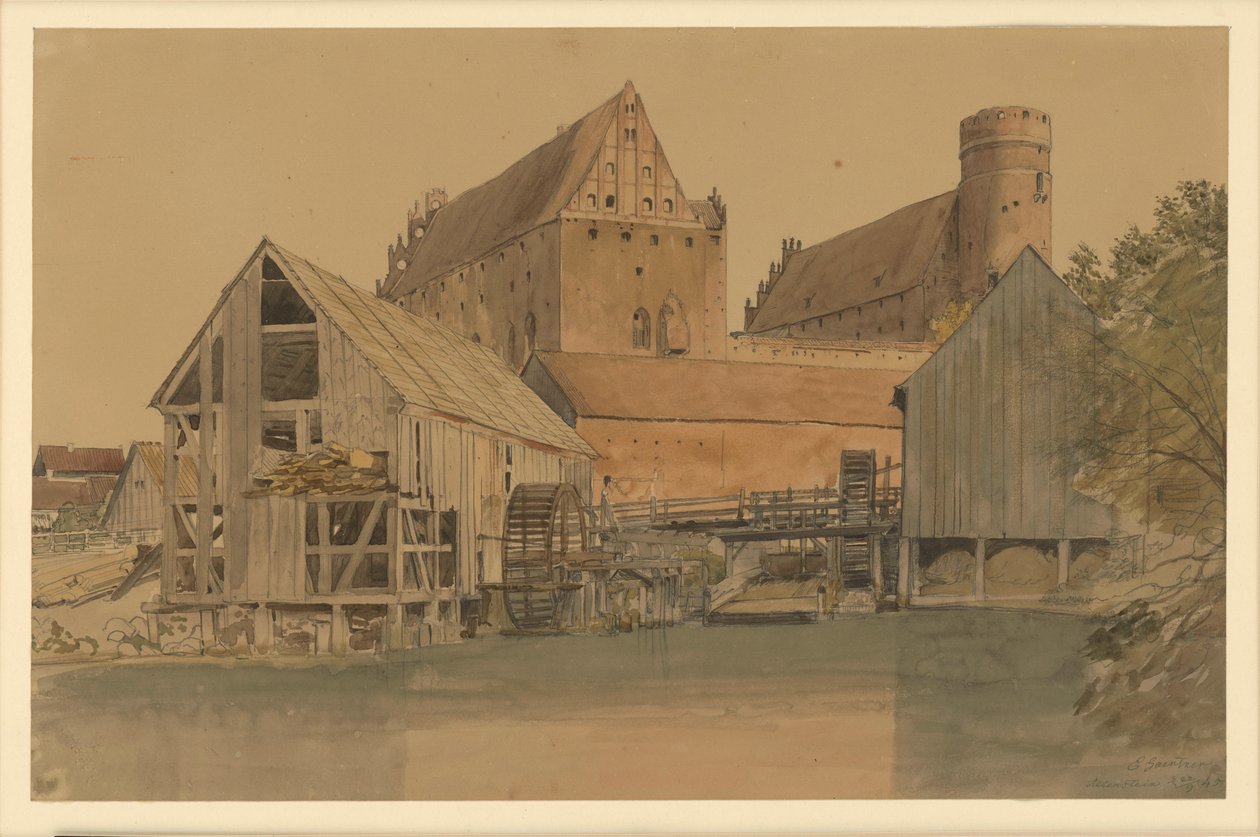 Het kasteel van Allenstein, met een watermolen op de middengrond door Eduard Gaertner