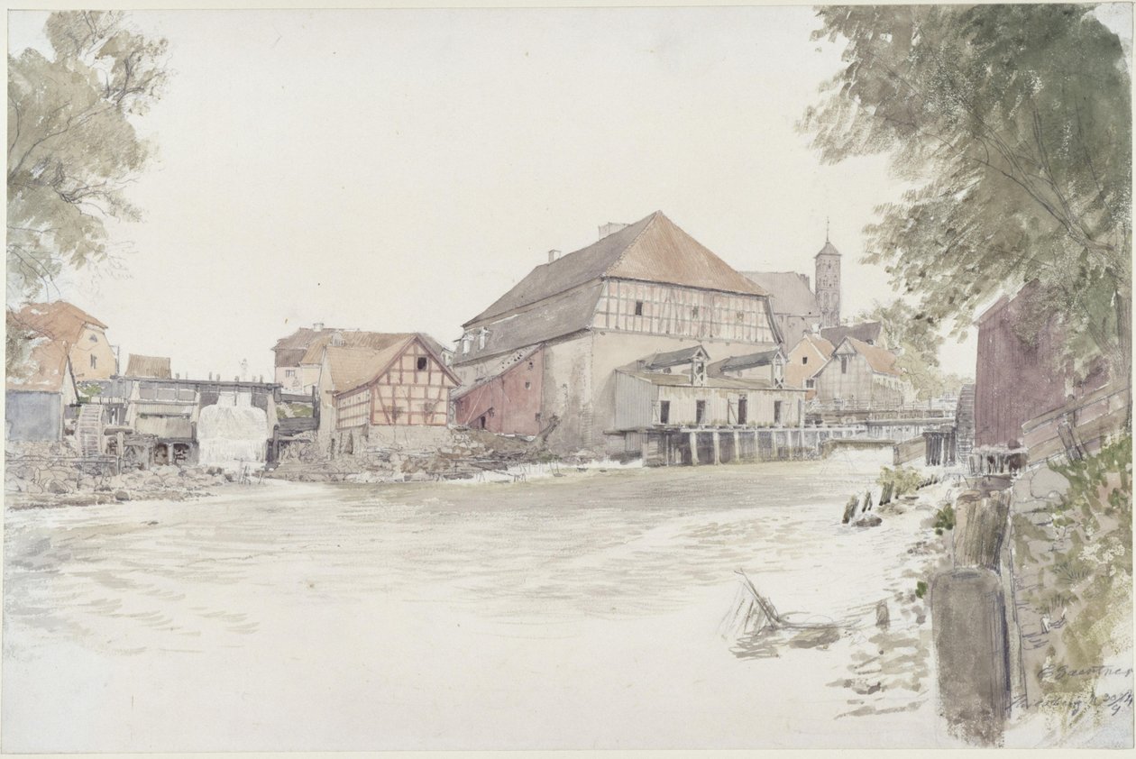 Molens aan de Alle in Heilsberg door Eduard Gaertner
