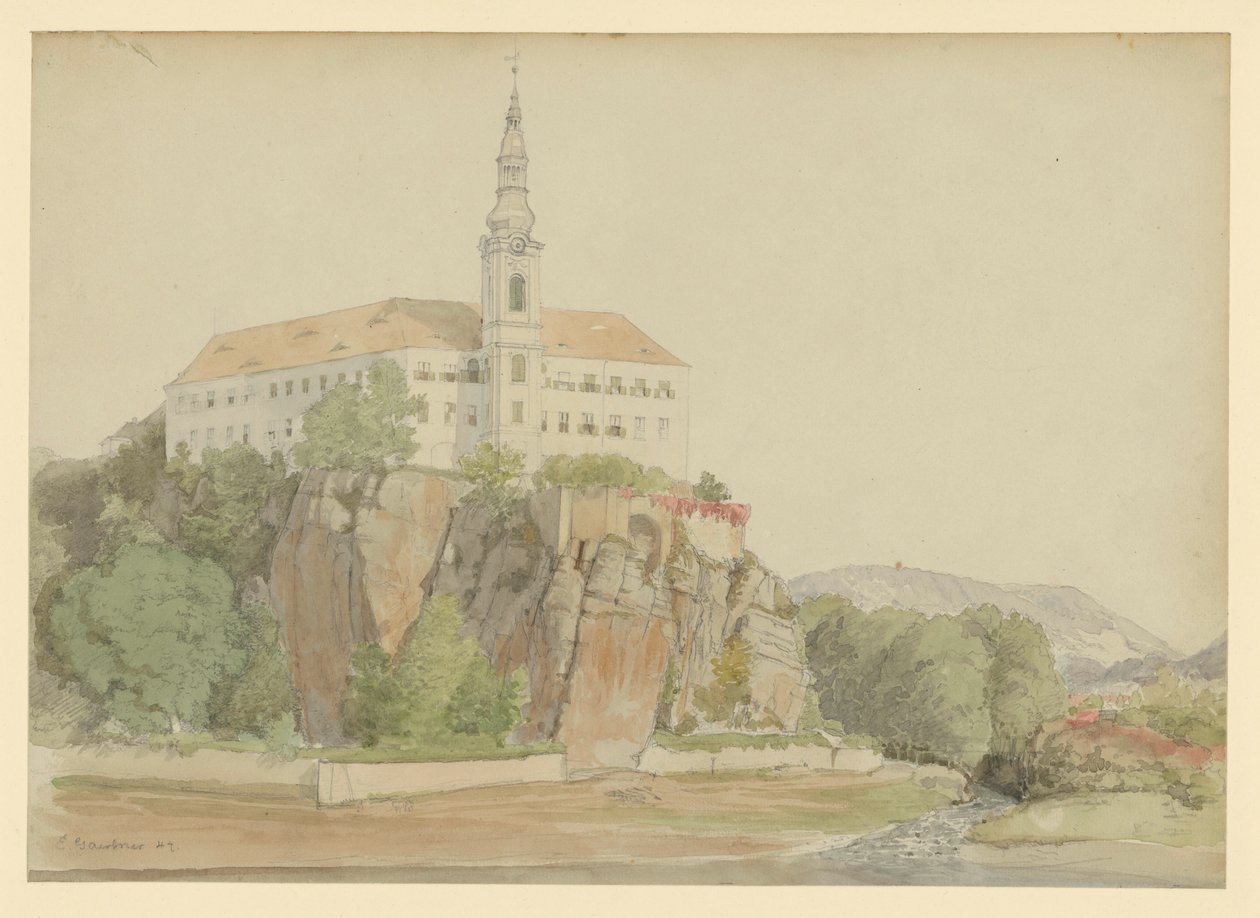 Kasteel aan de rivier (Donau?) door Eduard Gaertner